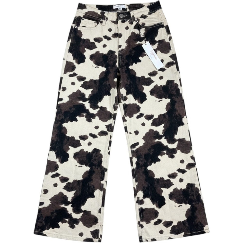 Vigoss Cow Print Wide Leg Jeans Brown Cream Animal Print Denim Pants 7/28 NEW